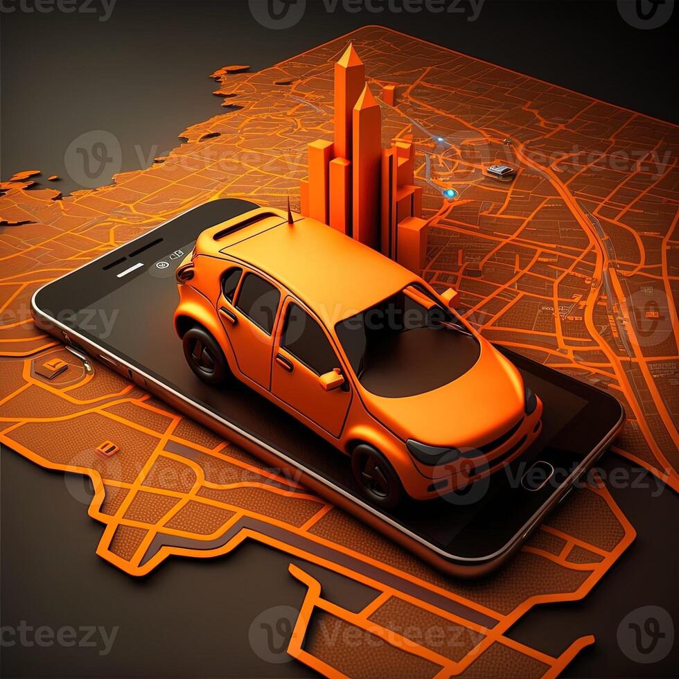 Online mobile application taxi ordering service , Orange taxi car driving along the route to the marker on a smart phone, on a city map. Car and satellite navigation systems concept. photo