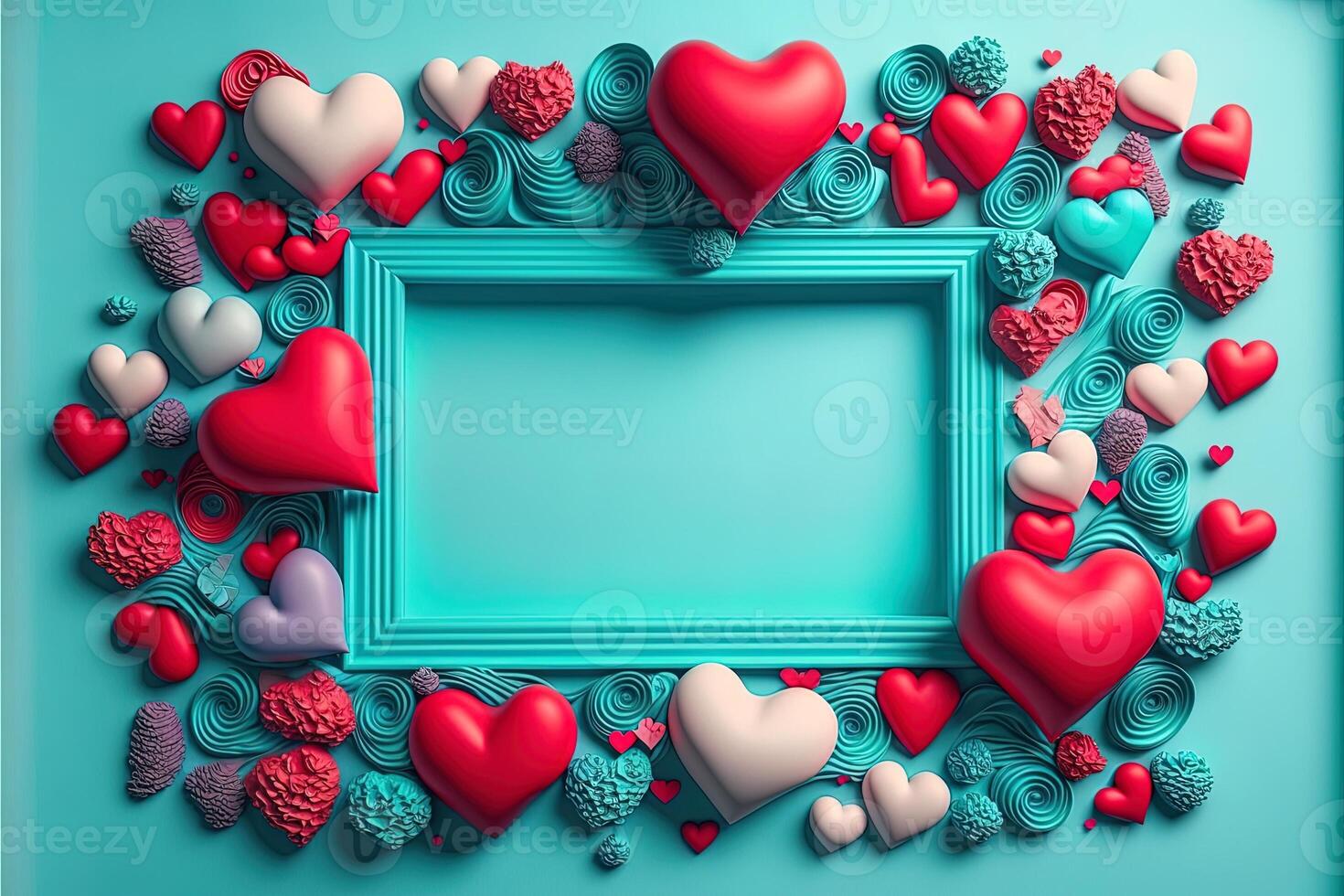 Valentine frame and banner. Red, blue, cyan, pink decoration. flat lay, romantic. Love and valentine day concept. photo