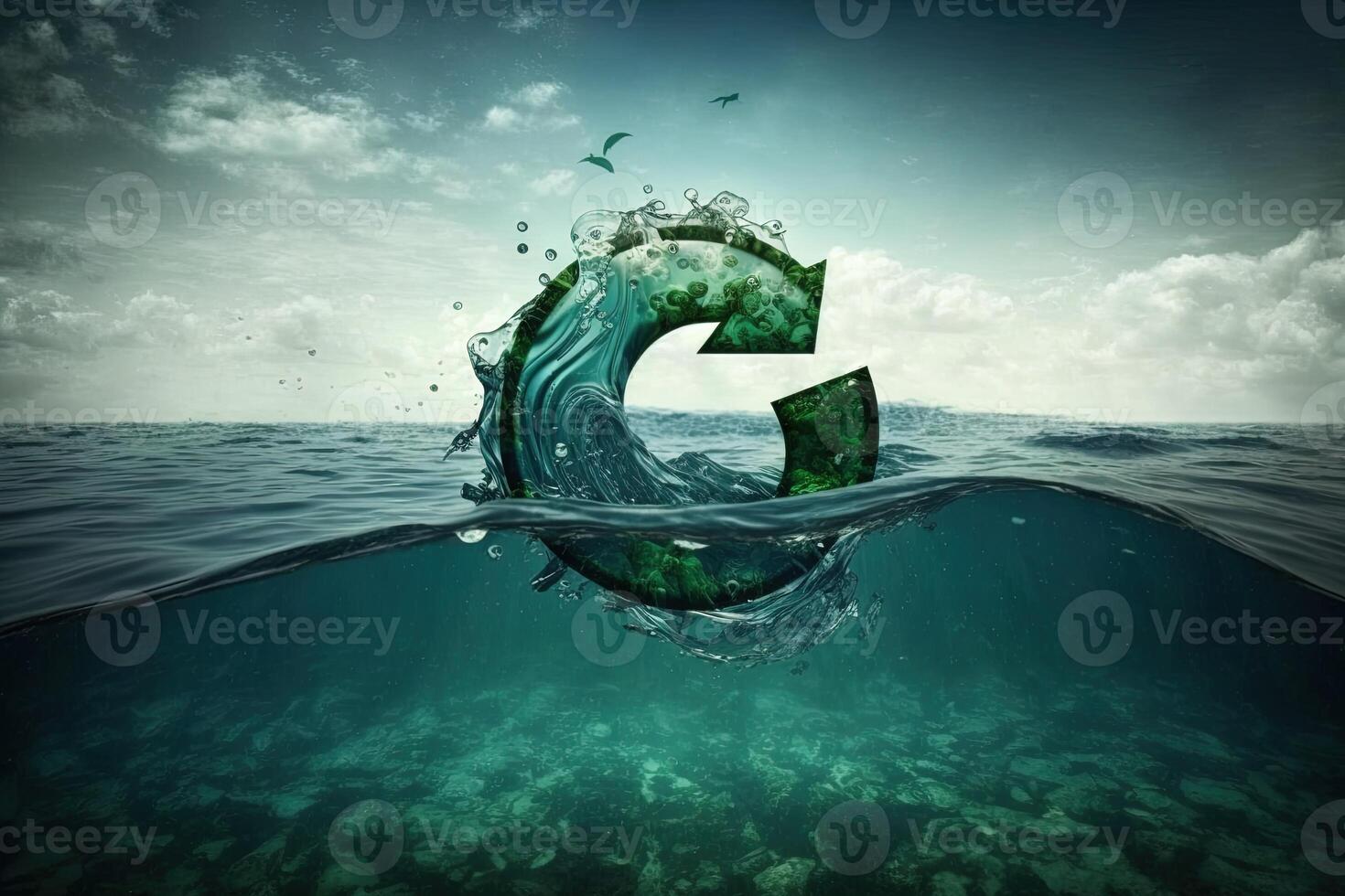 Recycle symbol in the ocean. Green energy concept, no more trash and plastic in sea. Save the ocean from garbage. Protecting the oceans and seas. Eco power photo