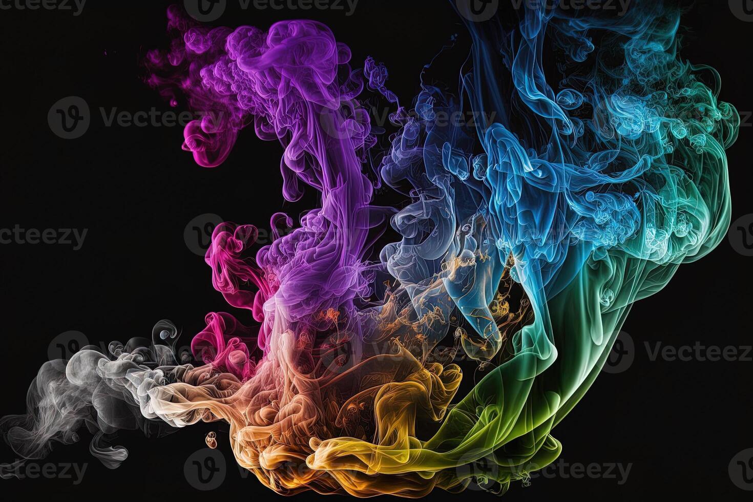 a colorful smoke cloud is shown in this image, it looks like it is floating in the air and is very dark and blue and yellow, with a black background. photo