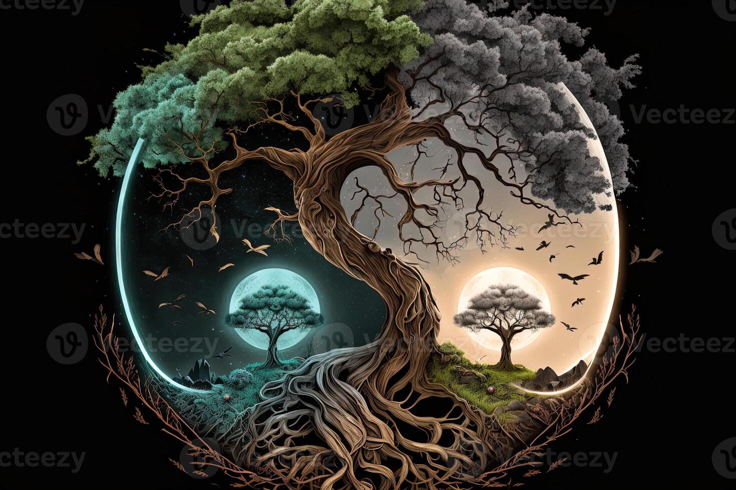 Ying yang concept of balance Yggdrasil tree of life norse mythology. Balance concept. photo