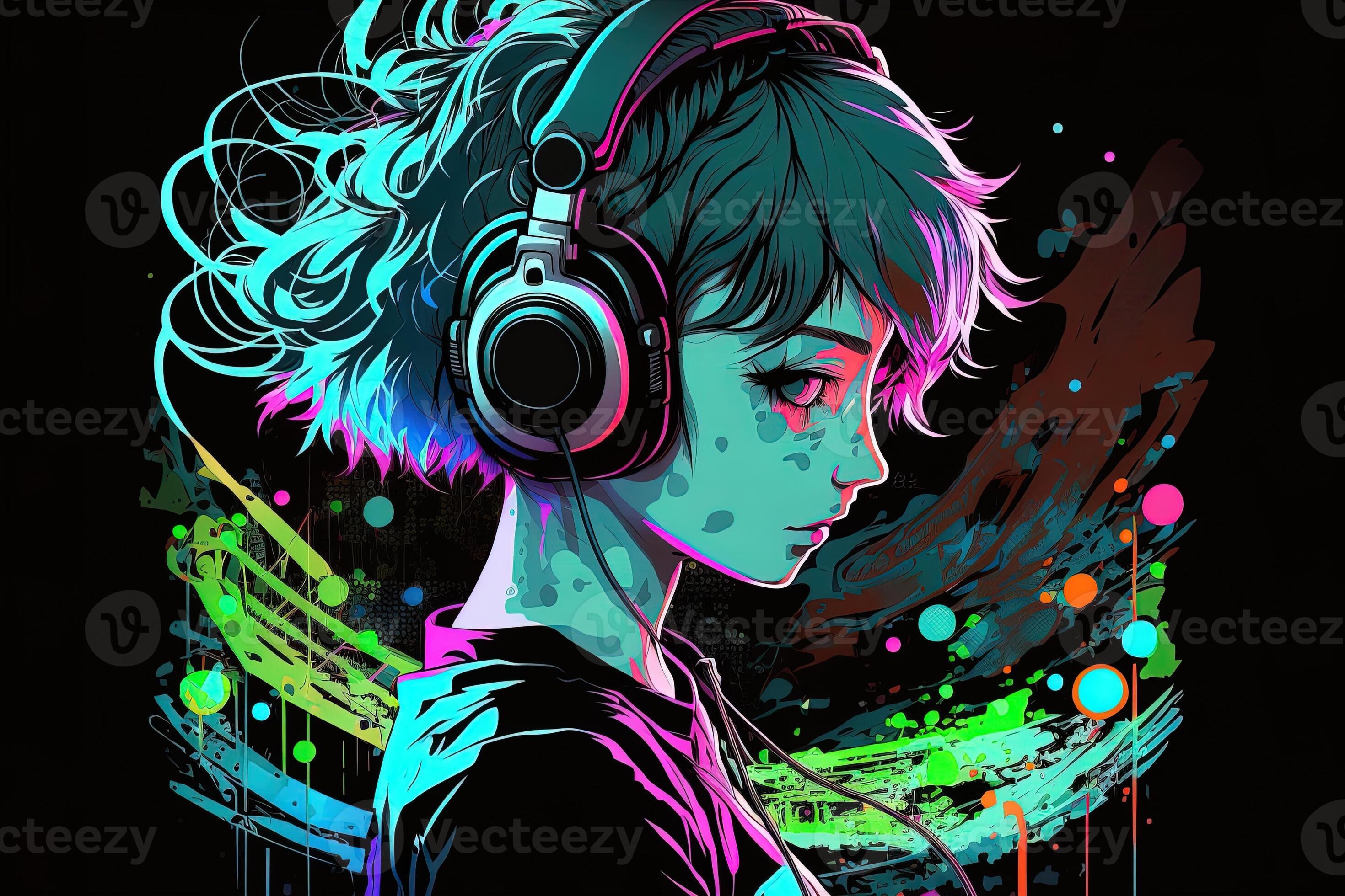 Premium Photo  Generative ai an neon gamer anime fashion boy or man  wearing headphones lost in his music abstract background that evokes the  feeling of different genres of music banner music