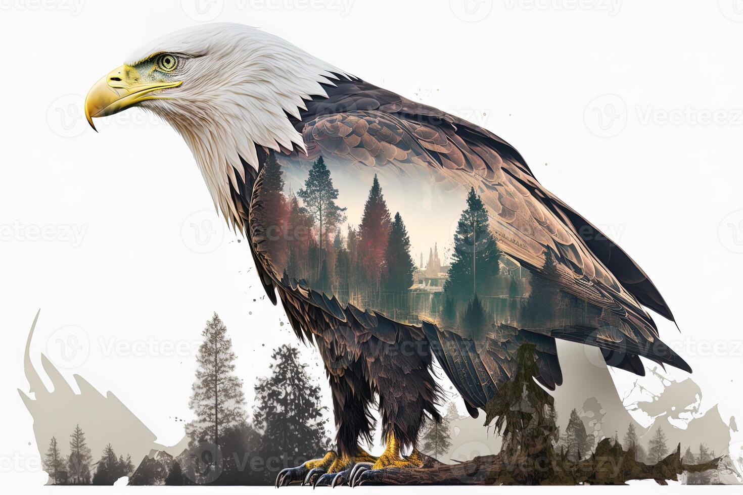 Bald eagle and the Pacific Northwest, double exposure photography. . Leader, courage, strong and brave, majestic lion. Scout photo