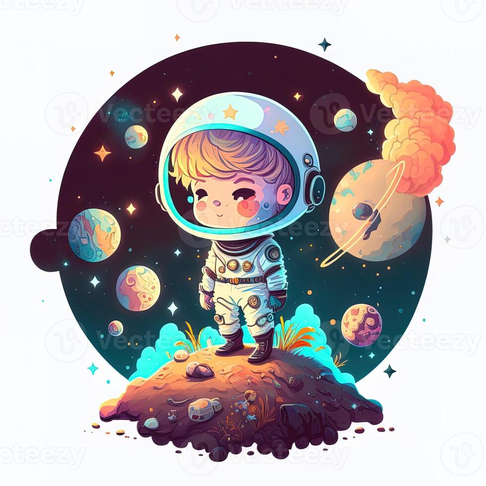 Adorable boy astronaut, in outer space, standing on a planet, bright colorful asteroids and galaxies, moonlight shining down, chibi style. Emblem for space travel, technology, cuteness photo
