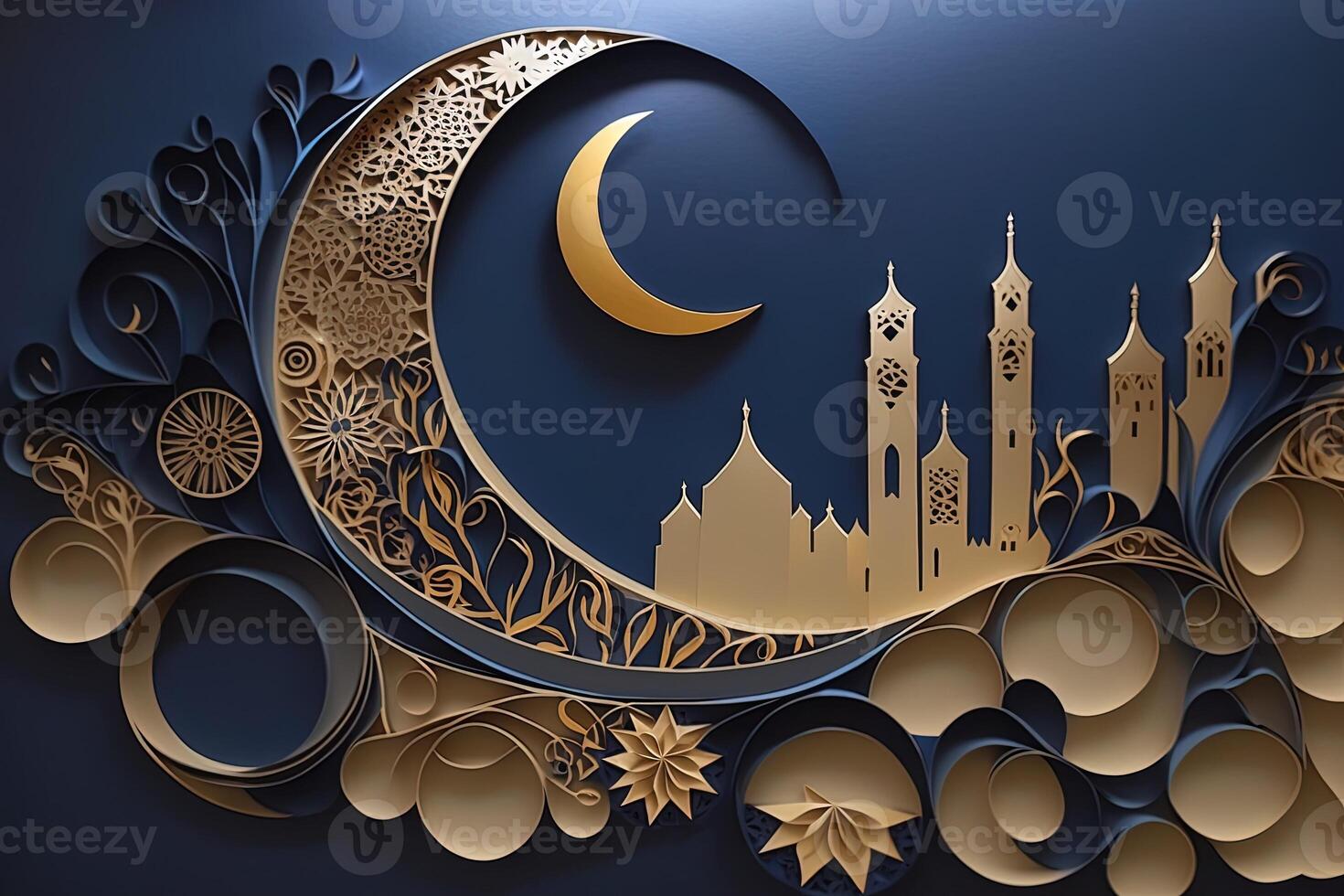 Islamic greeting Eid Mubarak cards for Muslim Holidays.Eid-Ul-Adha festival celebration.Arabic Ramadan Lantern . quilling paper cut Crescent Islamic with mosque for Ramadan Kareem. photo
