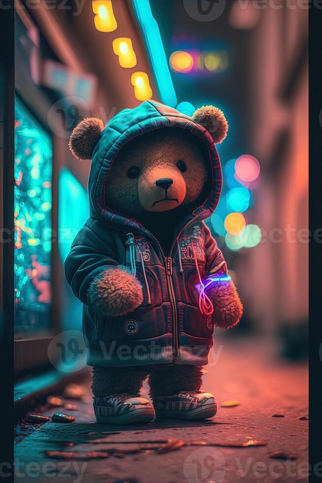 toy cute Bear in clothes jacket and sneakers on street background with neon lighting, photo