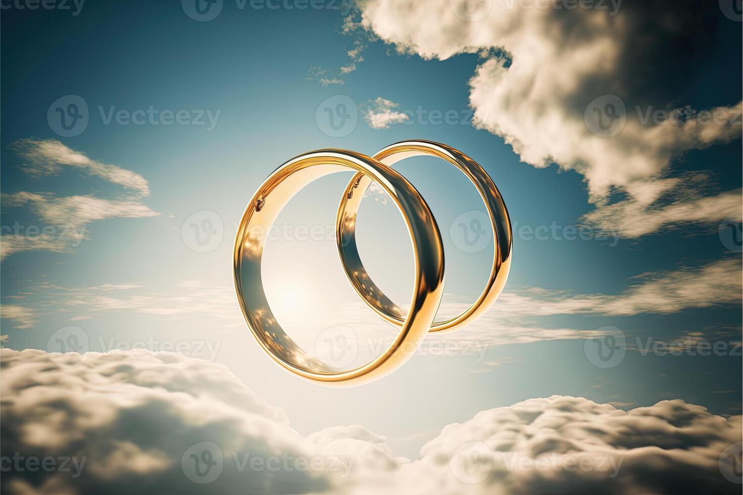 A pair of gold wedding rings floating in the sky. two wedding rings floating in the clouds with a sun in the background and a blue sky with clouds below them. . Wedding concept. photo