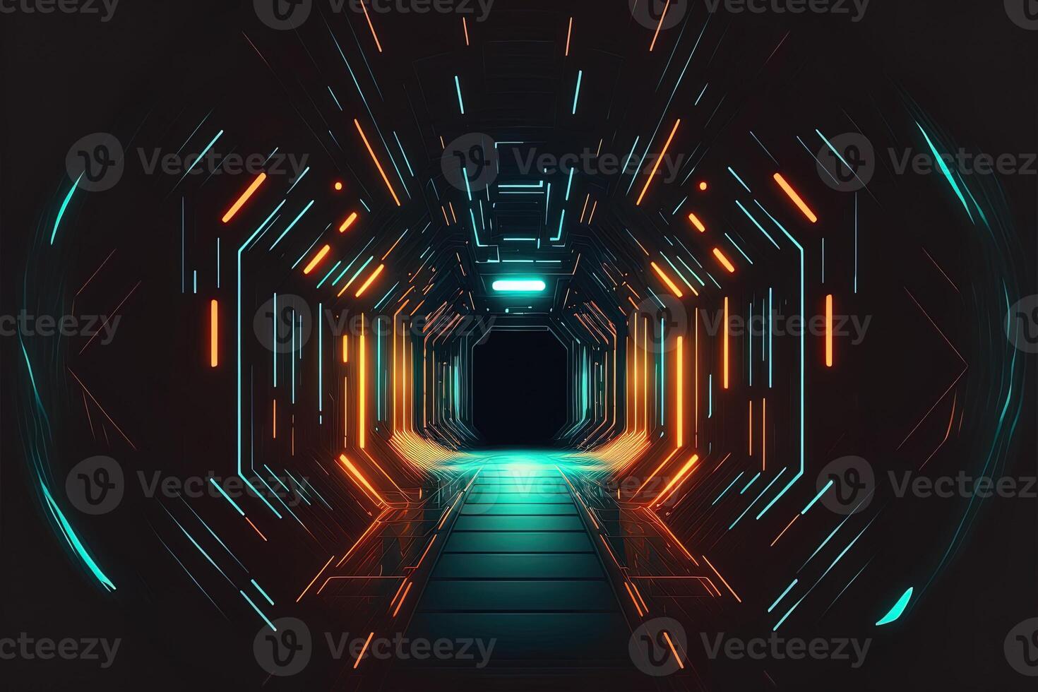 Sci-Fi Cyber Futuristic Empty tunnel Background exit or goal ahead. Abstract cyber or digital speedway concept Cyberpunk Cyber Synth Tunnel Corridor photo