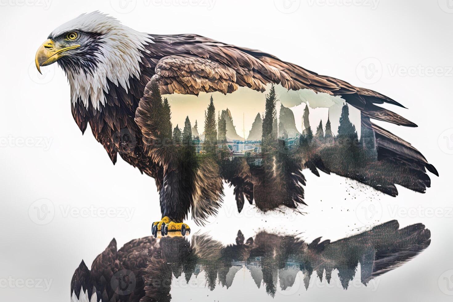 calvo águila y el Pacífico noroeste, doble exposición fotografía. generativo ai. líder, coraje, fuerte y corajudo, majestuoso león. explorar foto