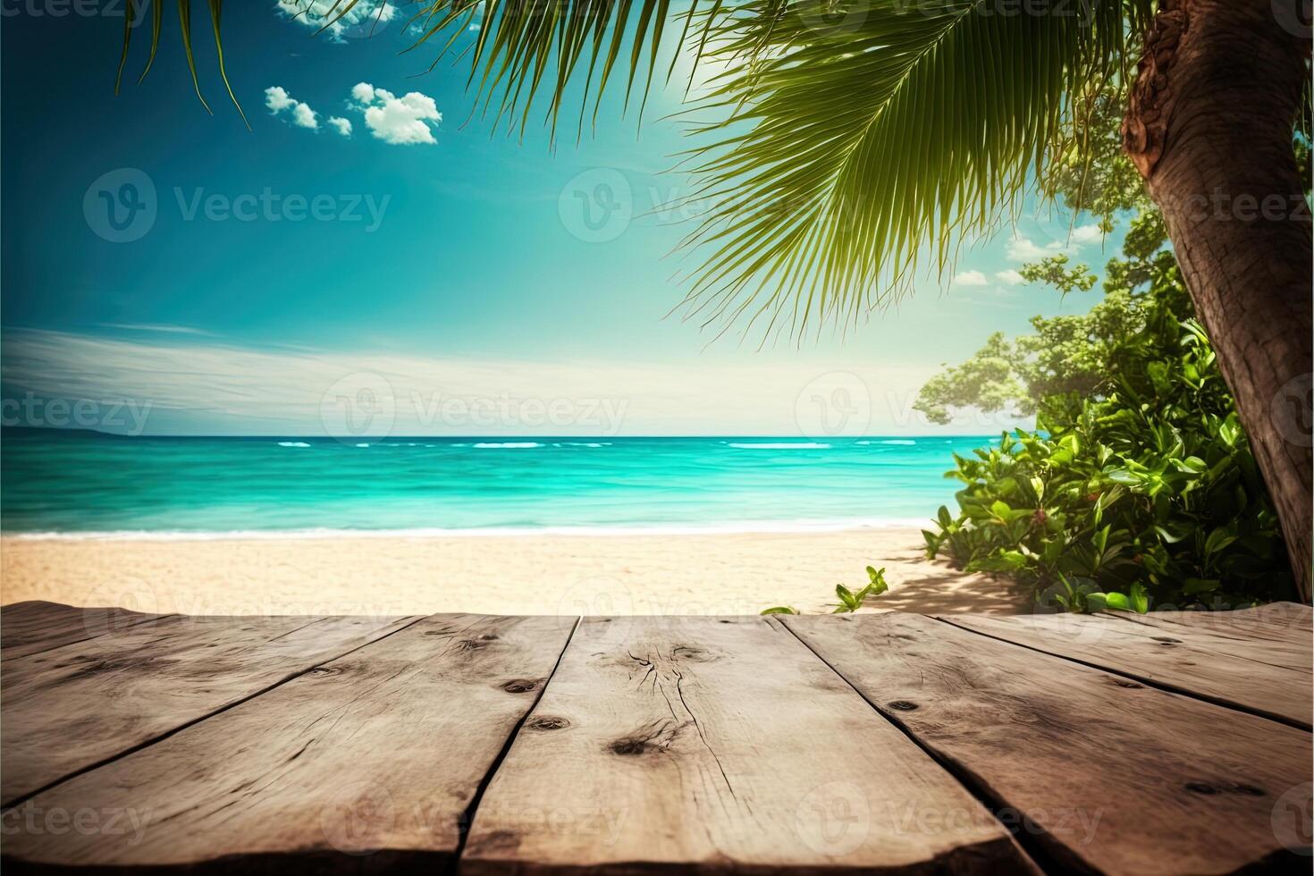 Tropical beach background with a wooden table on the forefront and lush vegetation with lots of copy space, perfect for editing with your product. Empty ready for your product display. photo