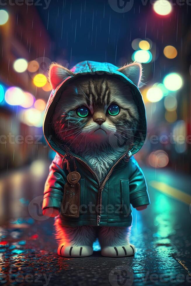 toy cute cat in clothes jacket and sneakers on street background with neon lighting, photo
