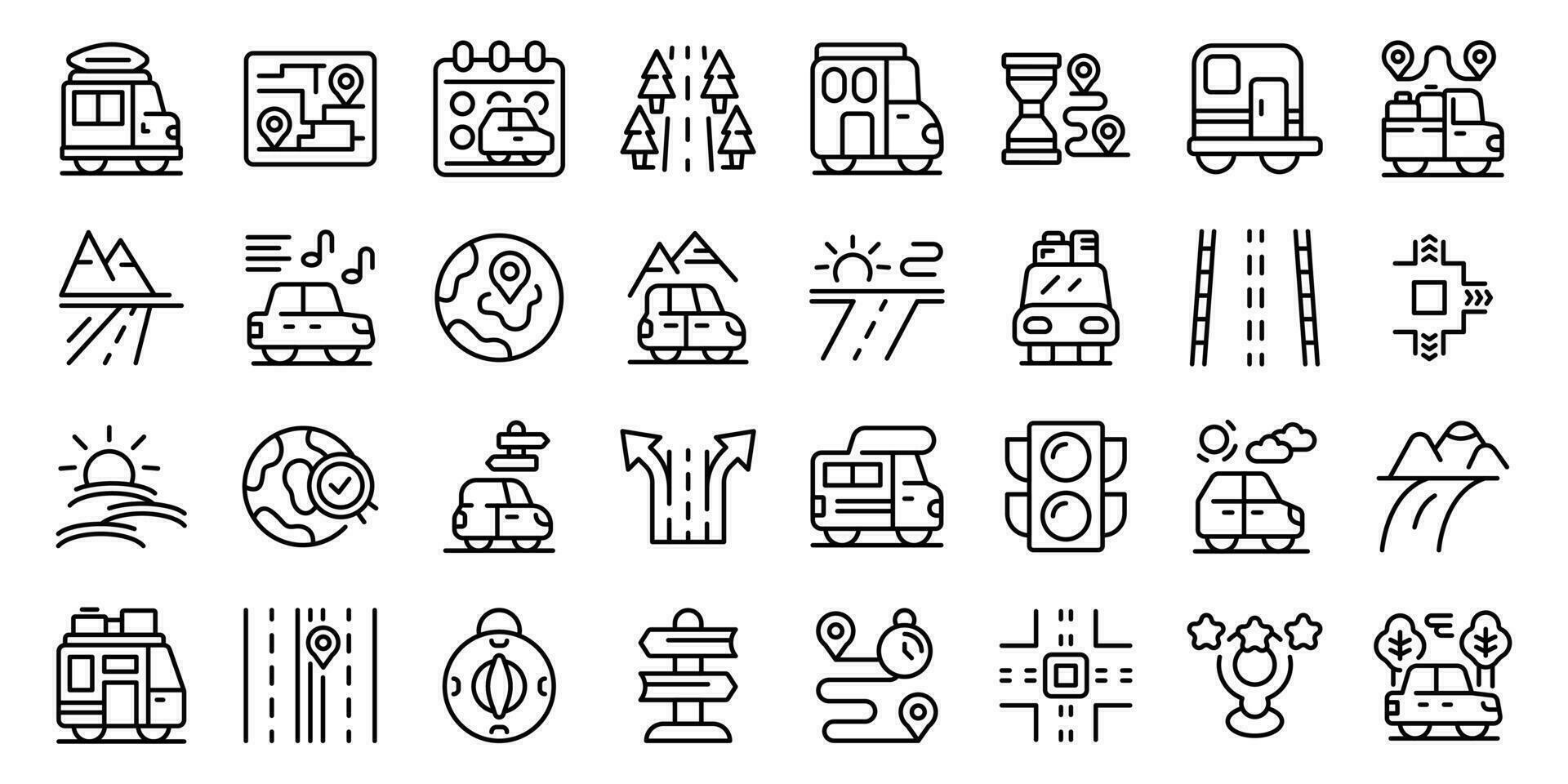 Roadtrip icons set outline vector. Excursion car vector