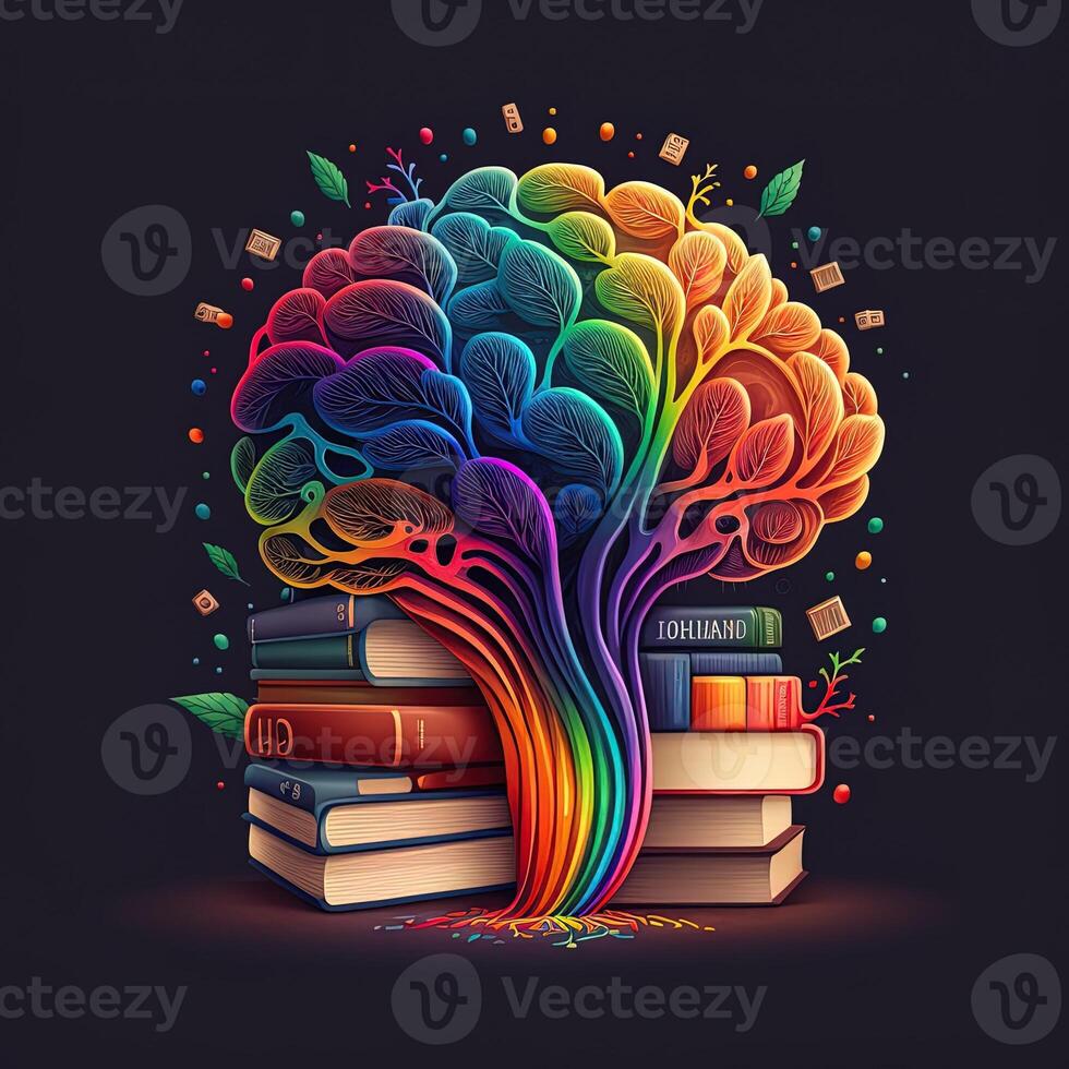 This whimsical image shows a brain with a library inside, its neurons and synapses lit up in a rainbow of joyful colors. A stack of books on a shelf indicates knowledge and learning, photo