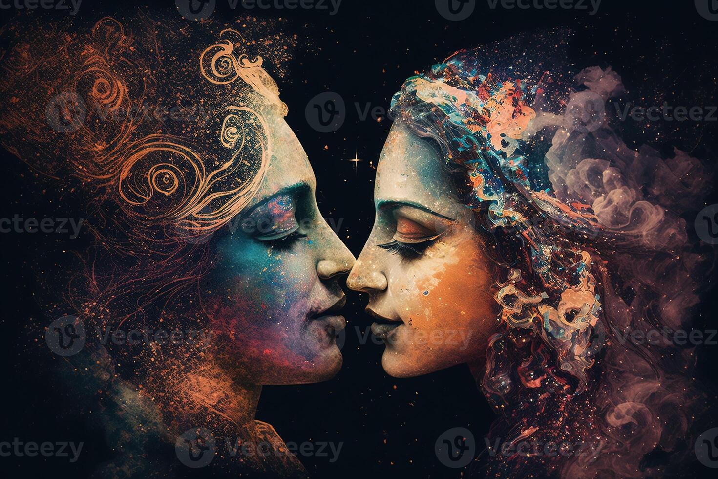 Radha krishna in love medium shot photography portrait of cosmic galactic . symbol of Devine Love. Art Print For Home Decor hindu couple on abstract decorative background photo