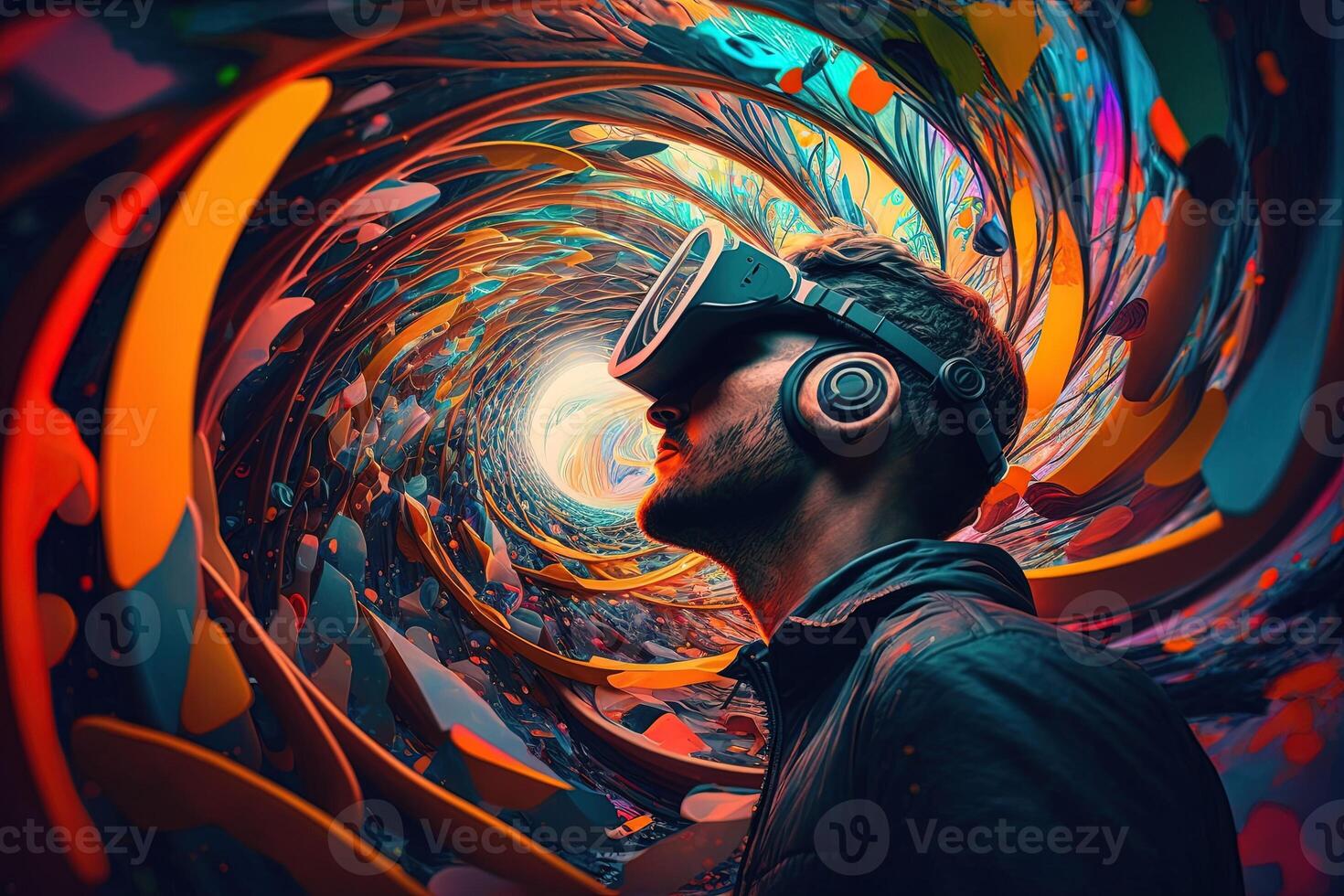 illustration of an enthusiastic young man wearing virtual reality goggles is inside the metaverse. Metaverse concept and virtual world elements. Games and entertainment of the digital photo