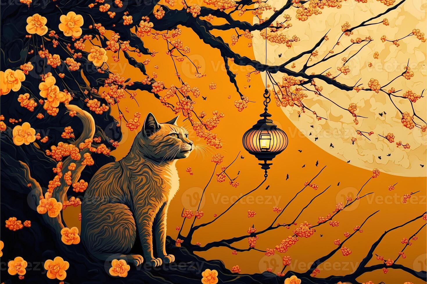 abstract design chinese new year cute cats with spring colors, surreal fantasy, Apricot blossom. Happy new year concept 2023. Year of Cat. Lunar new year photo