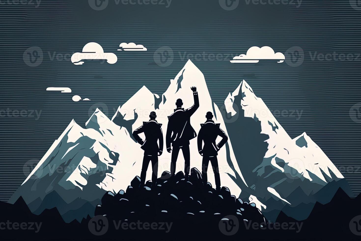 businessmen standing on top of a mountain in victory poses.Business success concept. Success in life concept, with business person celebrating on top of mountain photo