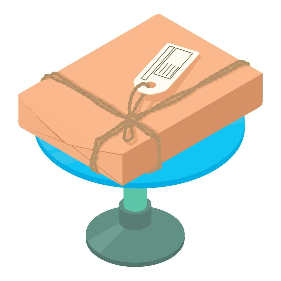 Post delivery icon isometric vector. Closed parcel box on round blue table icon vector
