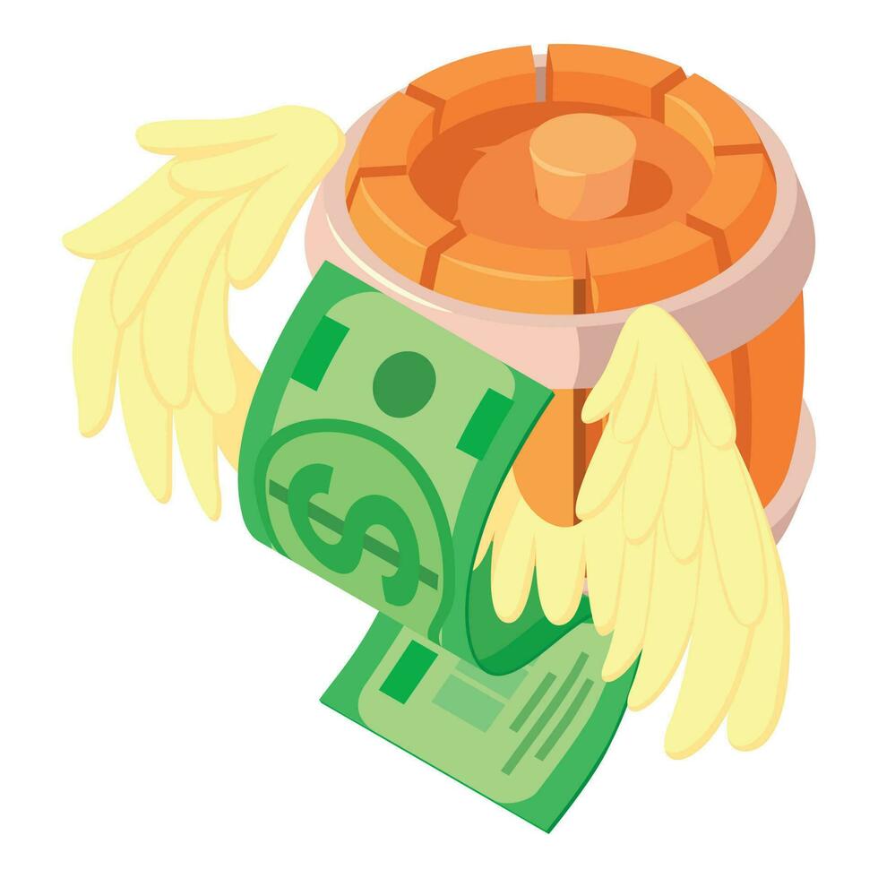 Wine production icon isometric vector. Wood barrel and dollar banknote with wing vector