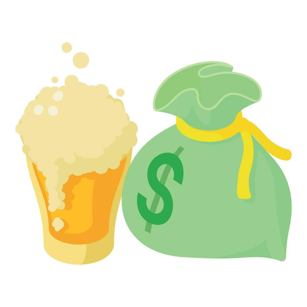Beer trade icon isometric vector. Glass foamy beer mug and bag with dollar sign vector