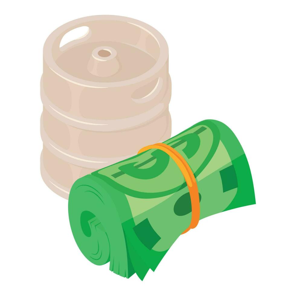Beer delivery icon isometric vector. Metal beer keg and dollar bill stack icon vector