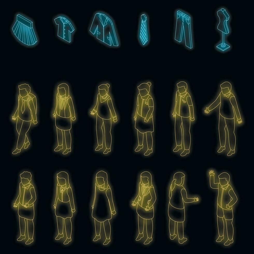 School uniform icons set vector neon