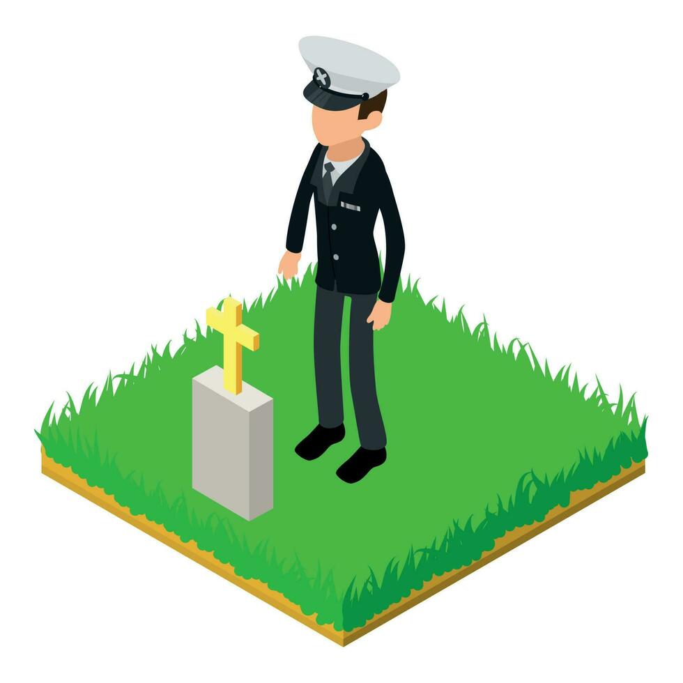 Sea captain icon isometric vector. Man captain character stand near friend grave vector