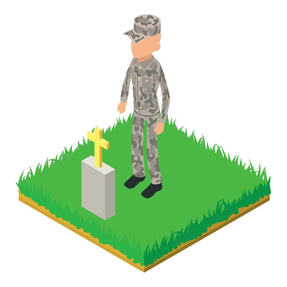 American soldier icon isometric vector. Soldier man stand near friend grave icon vector