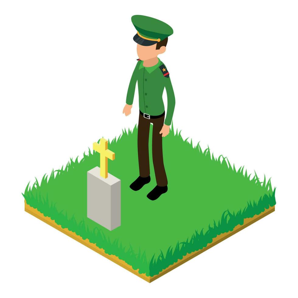 Army general icon isometric vector. Soviet general man stand near friend grave vector