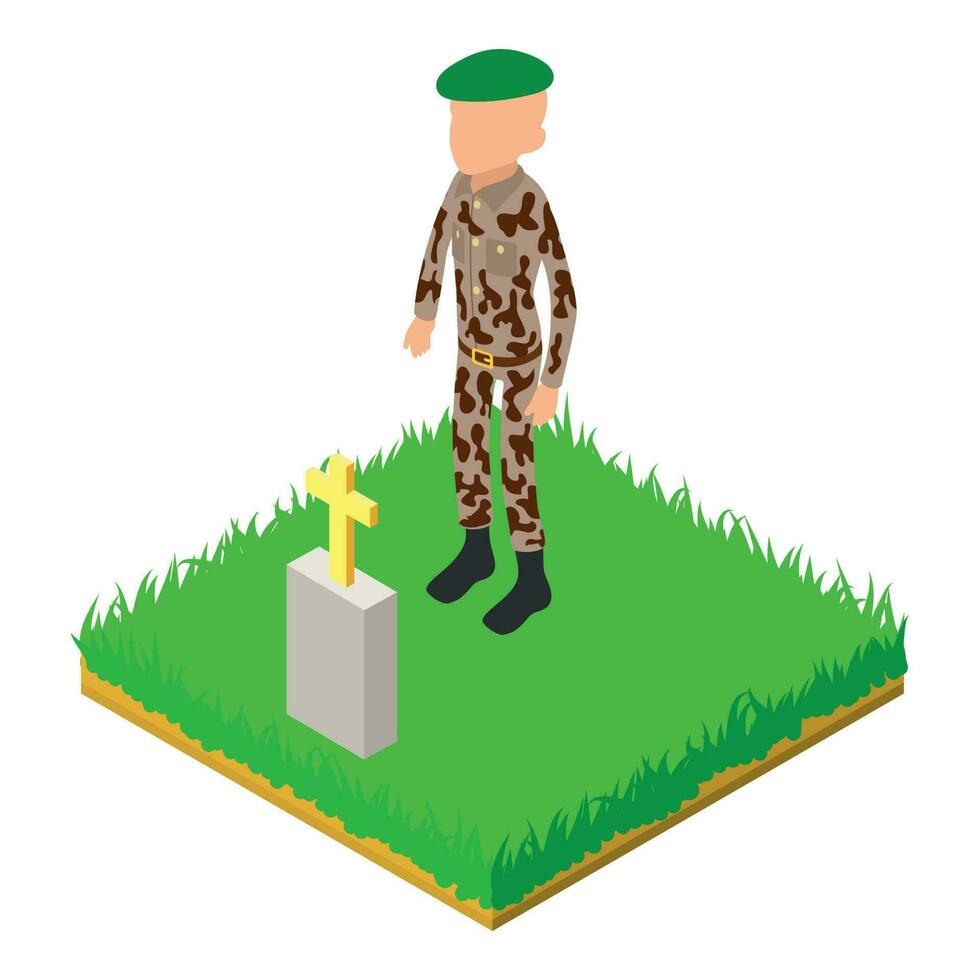Green beret icon isometric vector. Army sergeant in uniform stand near grave vector