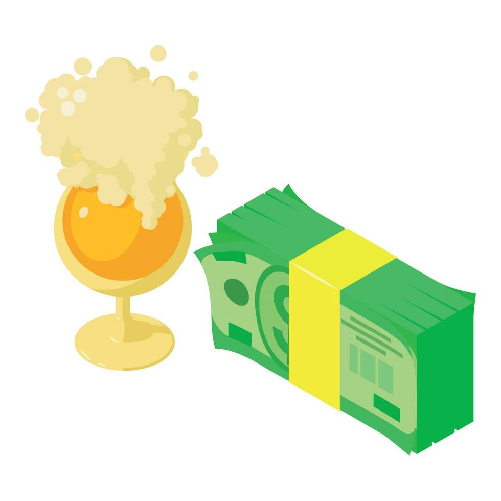 cerveza exportar icono isométrica vector. vaso de espumoso cerveza y grande dólar cuenta apilar vector