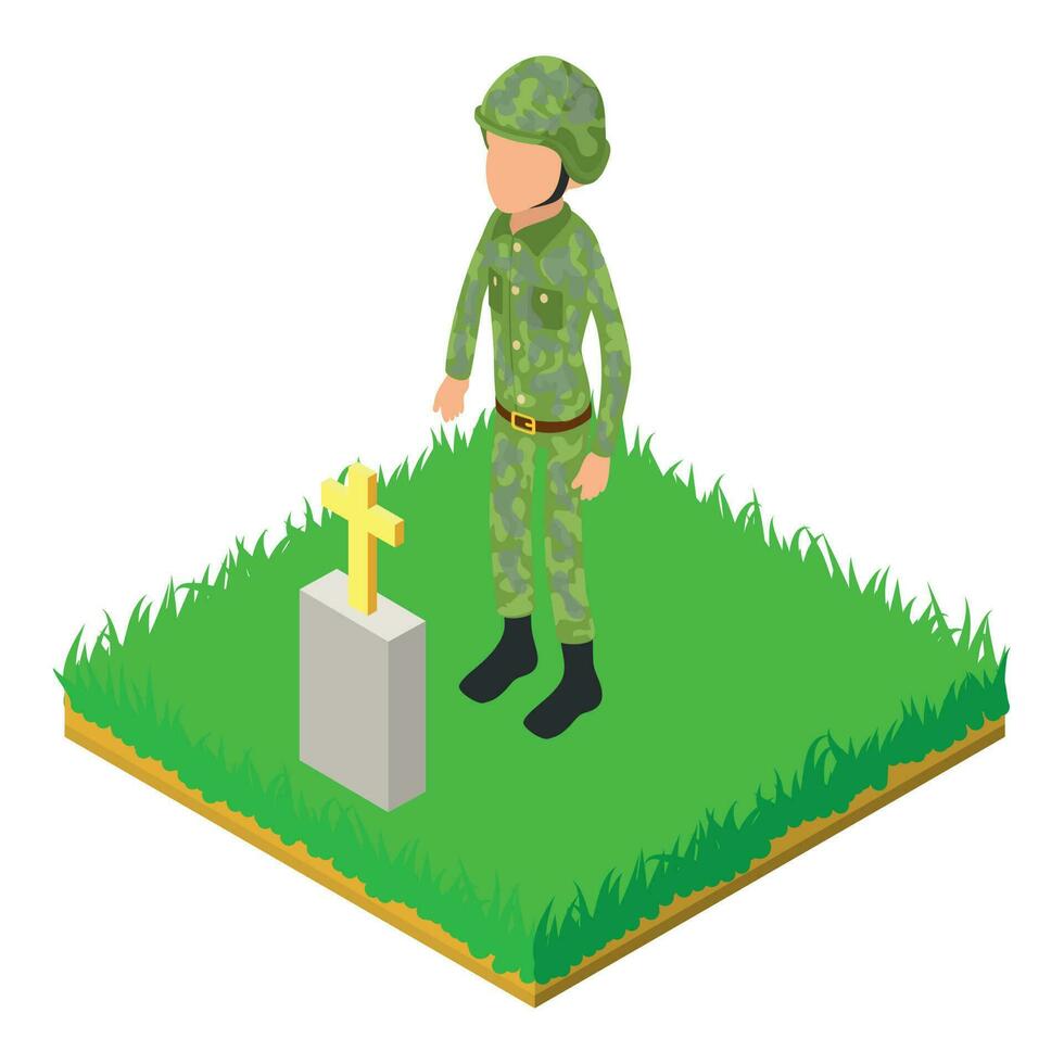 Soldier icon isometric vector. Male soldier character stand near friend grave vector