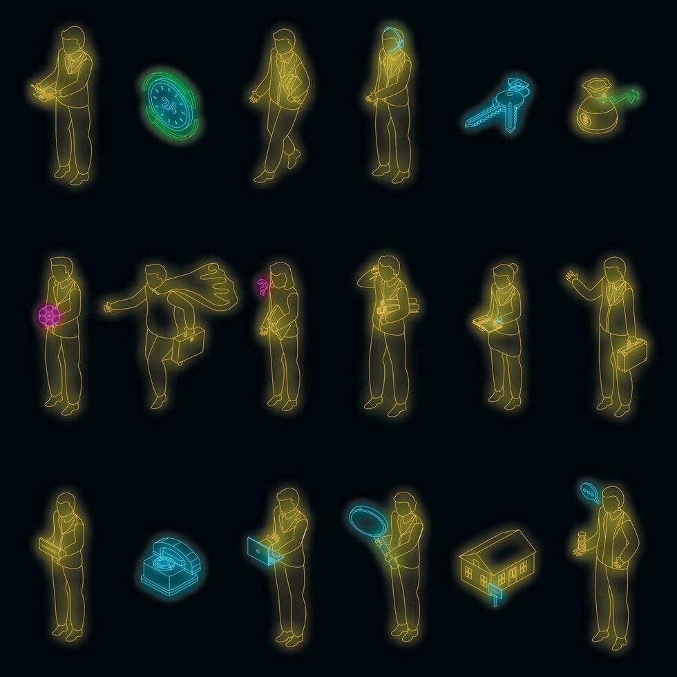 Agent icons set vector neon