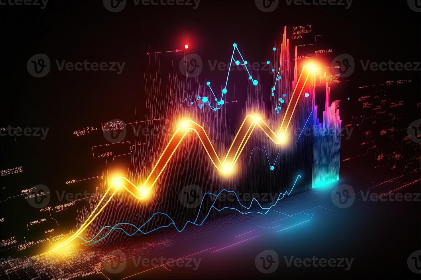 Business economic charts with light effects, neon. Abstract neon background, growth and fall analytics. Stock market trading investment candlestick graph. Finance and economy concept. photo