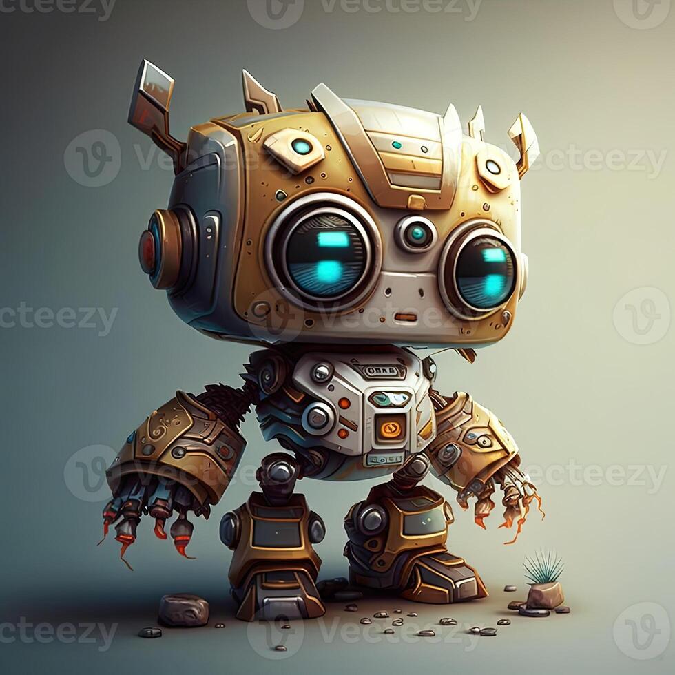 Cute white smiling robotic teen mini unit robot toy gesturing. Cute robot on a white backdrop with a pointing hand and a winking eye. technological idea. photo