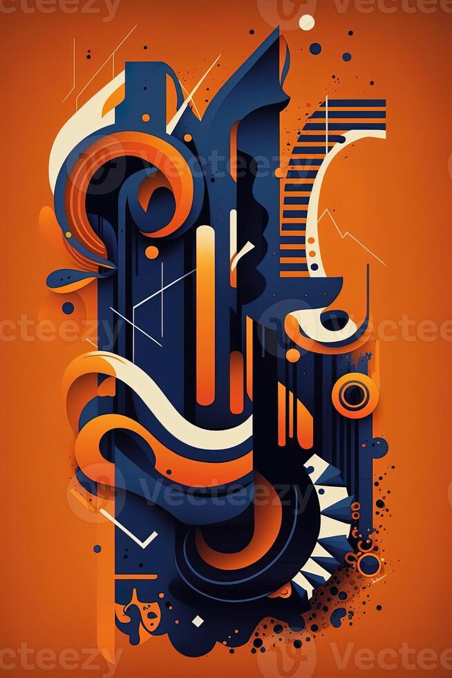 Background banner Music and sound with some technology, orange and dark blue color.Gold music notes and treble clef on line wave of sound tune. illustration template for music festival photo