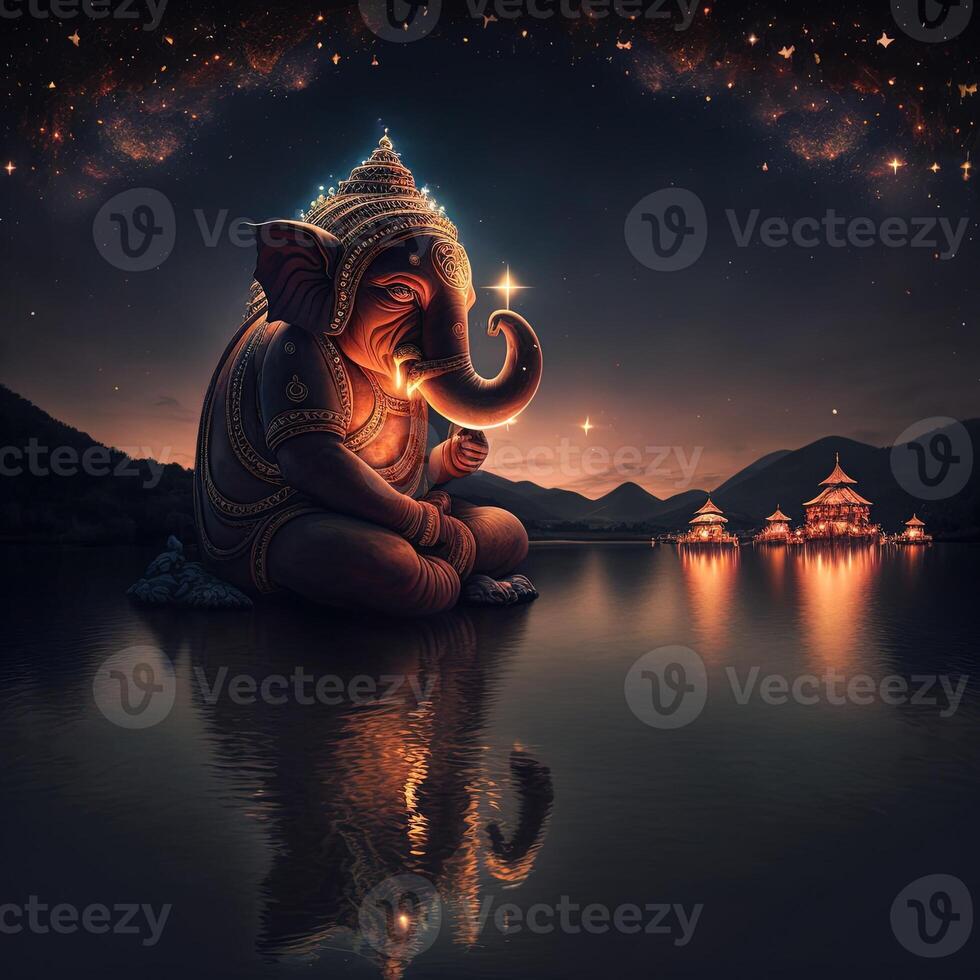 There are many galactic stars in the night sky of a huge massive GANESHA statue, with red lanterns rising in the sky, crowds watching the lantern festival. Ganesha Festival. photo