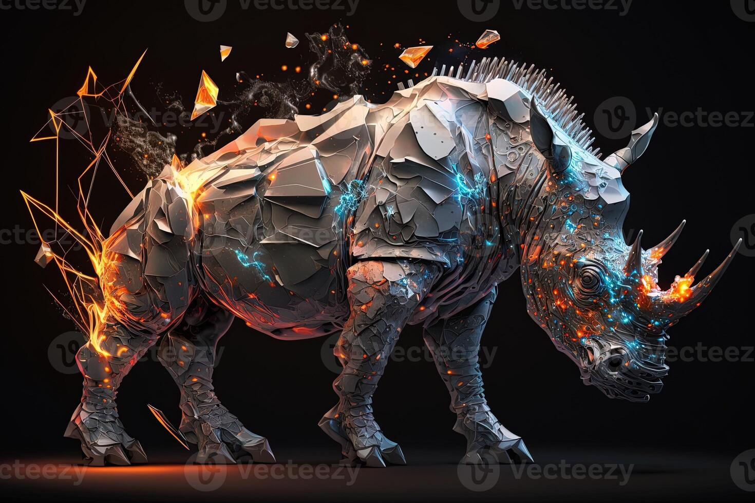 fusion of metal Rhino exploding through fire surrounded by scattered glass shards and debris, cosmic energy photo