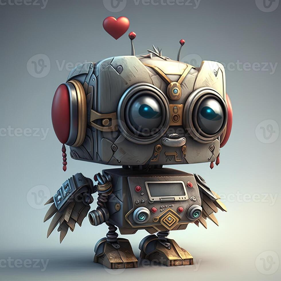 Cute white smiling robotic teen mini unit robot toy gesturing. Cute robot on a white backdrop with a pointing hand and a winking eye. technological idea. photo