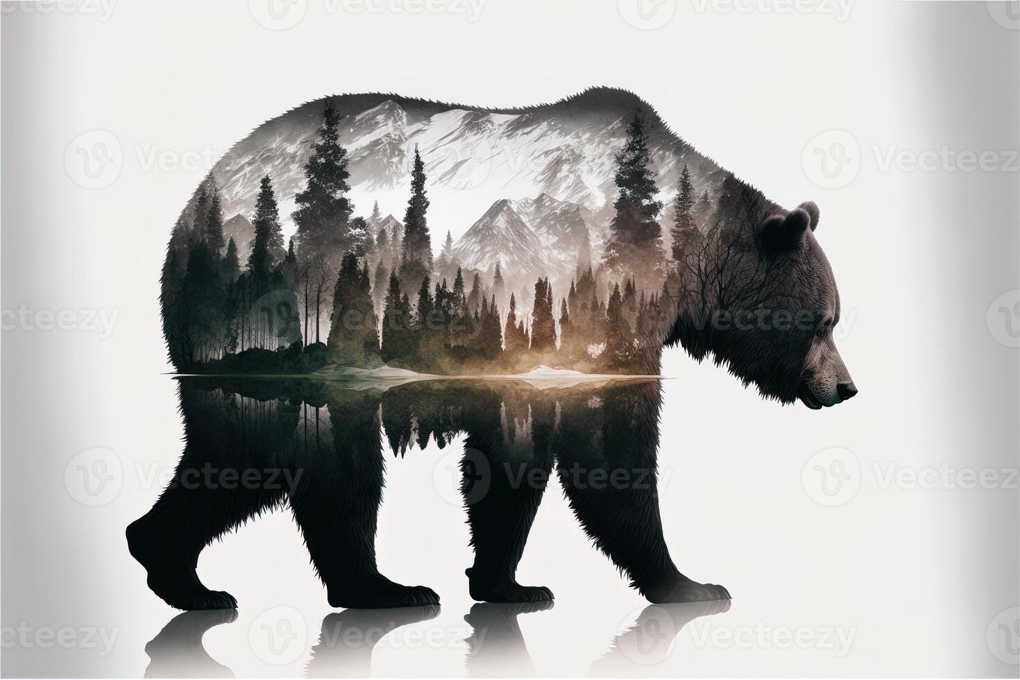 Double exposure of a bear and jungle on white background. Camping concept. Vintage Grizzly for t-shirt design, sticker, poster, and wallpaper. Adventure bear illustration photo