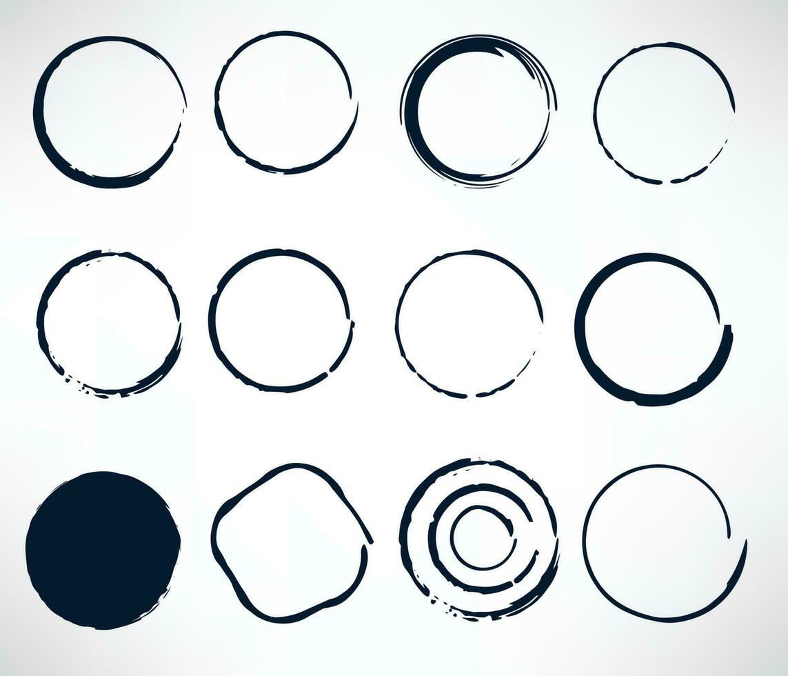 black abstract grunge circle stamp texture ink hand drawn paint brush circle set vector