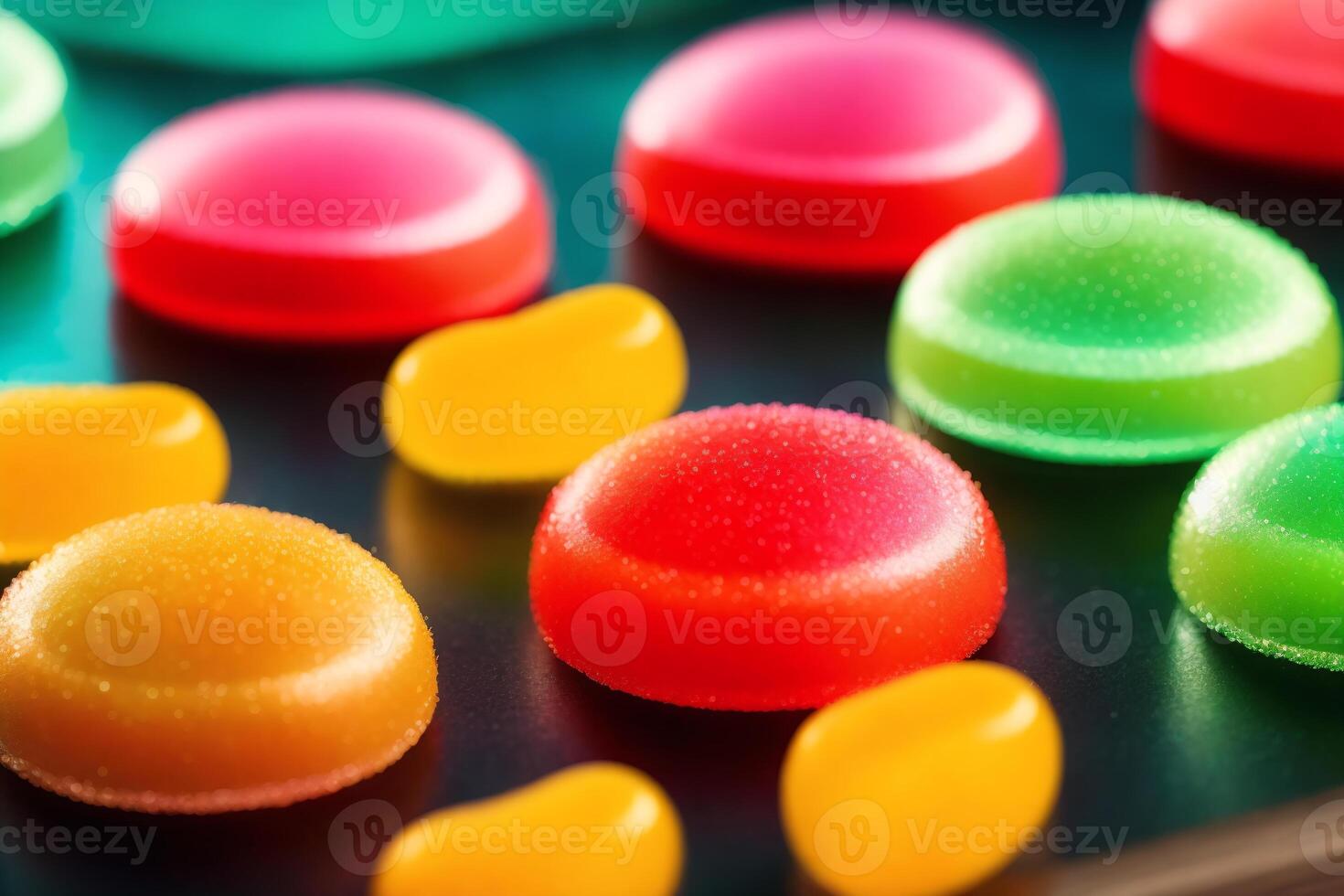 close up of Colorful jelly candies on a wooden background, sweet food. Colorful candies on a dark background. photo