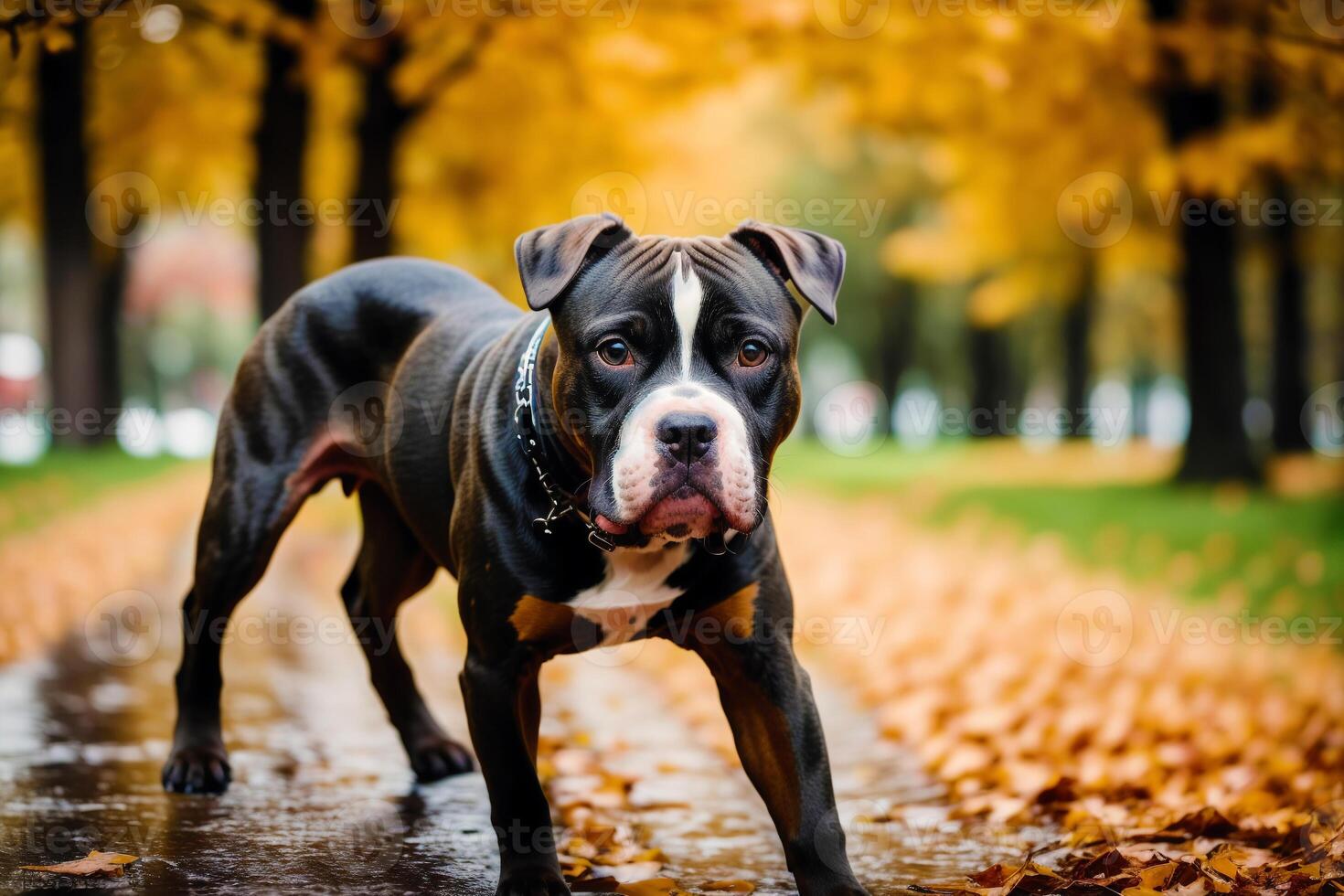 retrato de un hermosa perro raza americano pozo toro terrier en el parque. americano pitbull generativo ai foto