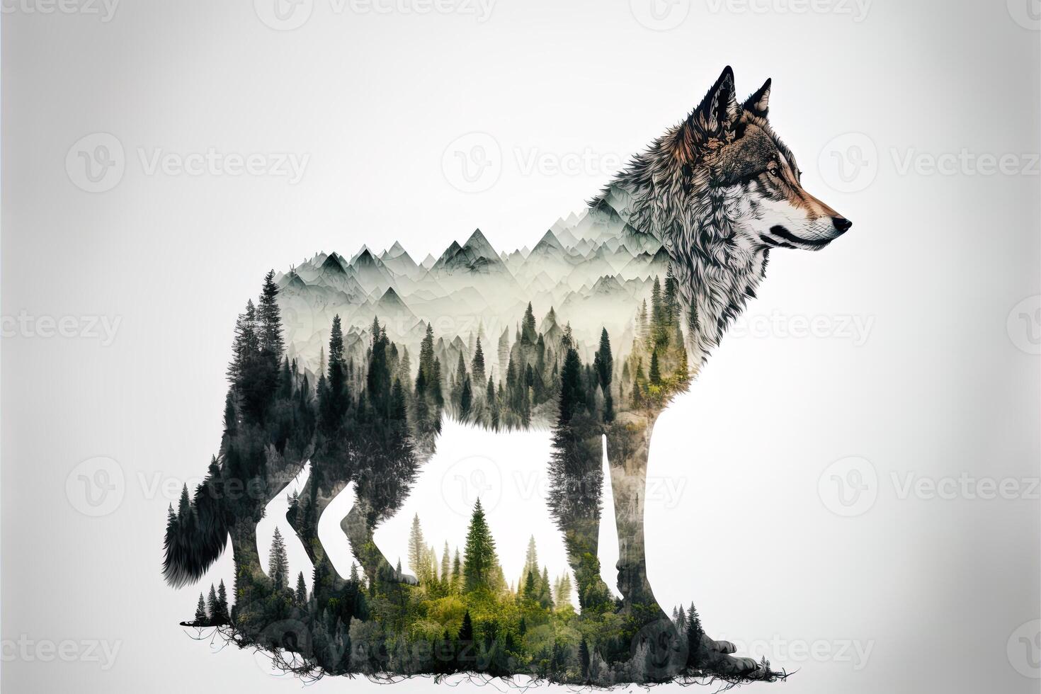 doble exposición generativo ai de un lobo y selva en blanco antecedentes. cámping concepto. Clásico oso pardo para camiseta diseño, pegatina, póster, y fondo de pantalla. foto