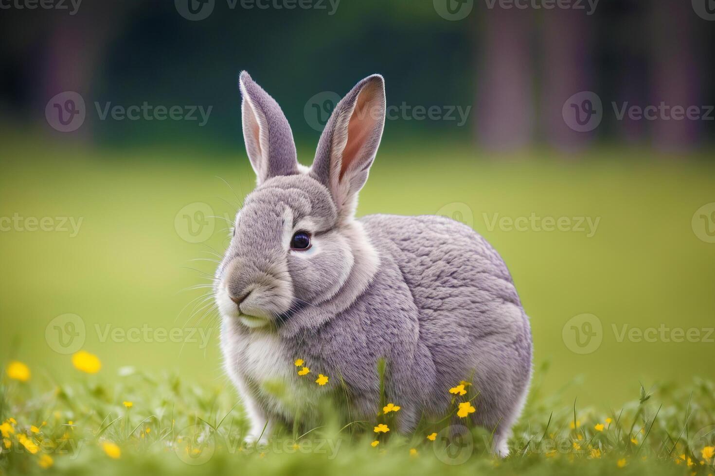 Rabbit in the forest at sunset. Animal in nature. Easter bunny. Wildlife scene. photo