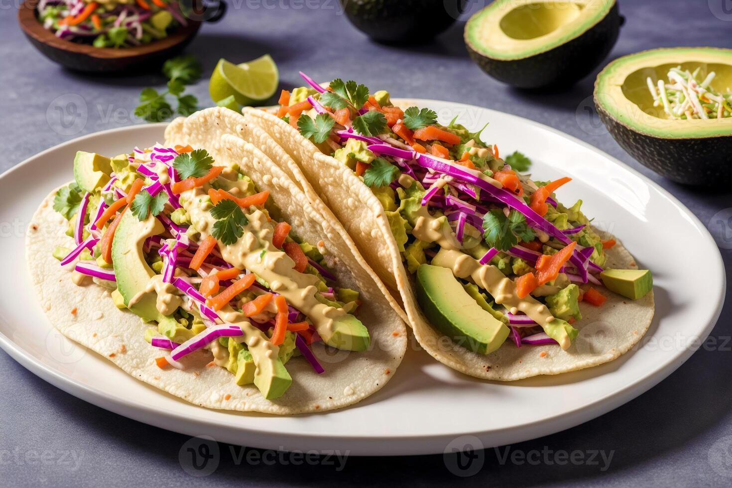 mexicano tacos con salmón, palta, cilantro, cebolla y salsa. mexicano alimento. generativo ai foto