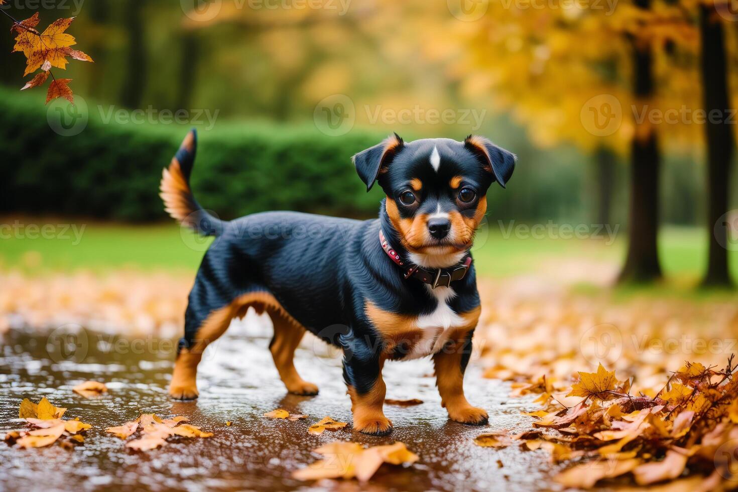 Funny English Toy Terrier dog in the autumn park. Black and brown color. photo