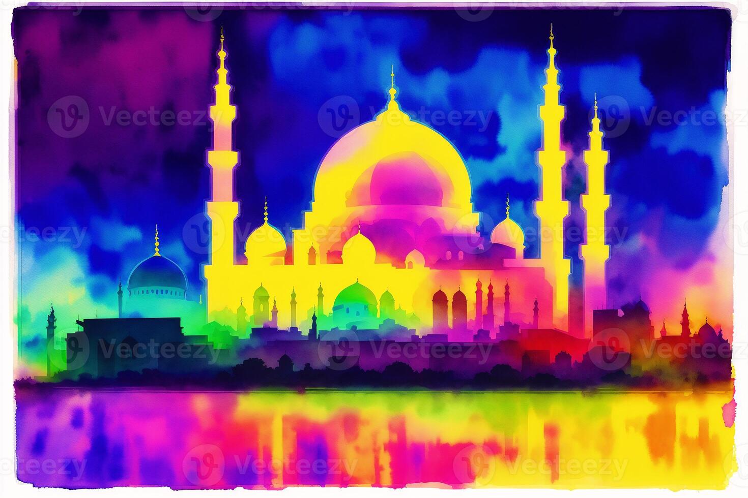 Silhouette of mosque on colorful background. Ramadan Kareem. Abstract colorful background. Watercolor paint. Digital art, photo