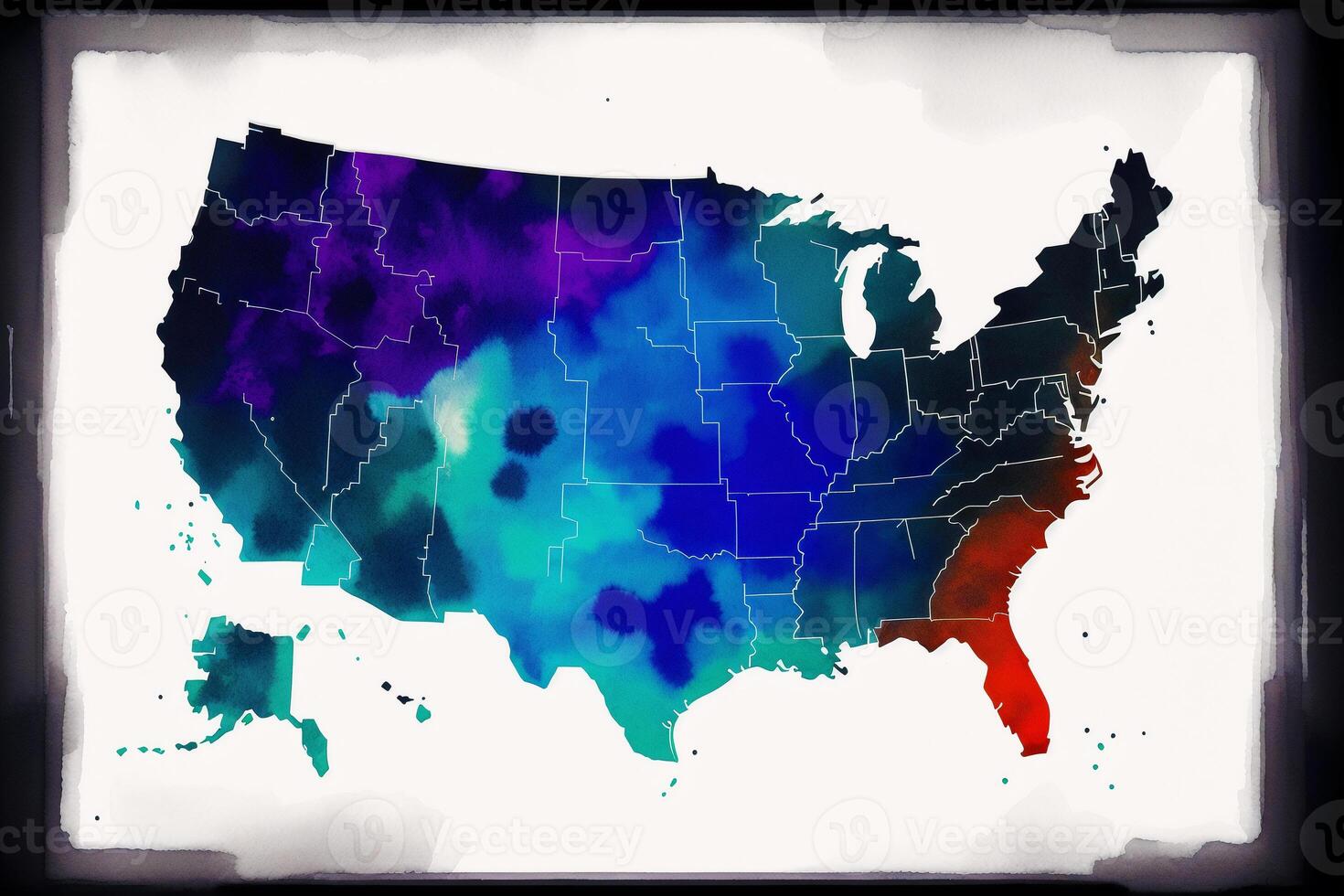 mapa de Estados Unidos con estados en diferente sombras de azul y rojo. acuarela pintar. digital arte, generativo ai foto