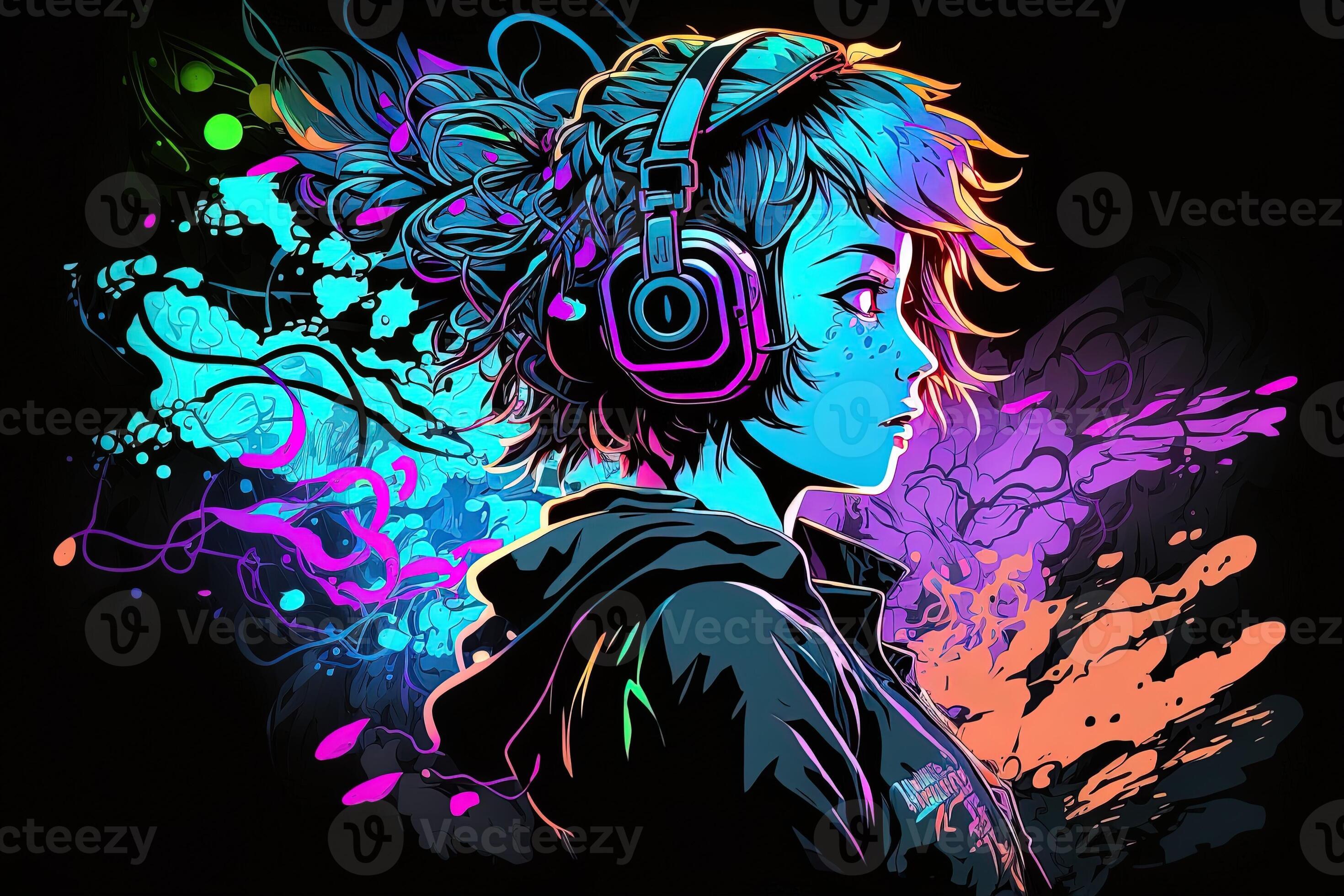 Premium Photo  Generative ai an neon gamer anime fashion boy or man  wearing headphones lost in his music abstract background that evokes the  feeling of different genres of music banner music